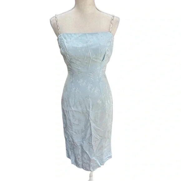 Vintage 60s fitted light blue floral Asian style print beaded straps midi dress - Picture 1 of 9